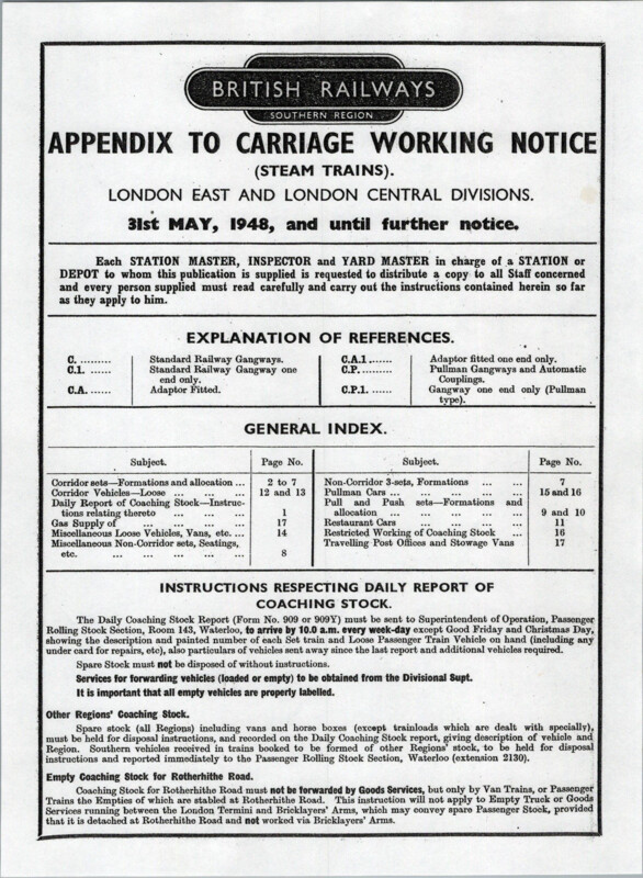 Southern Appendix to the Carriage Working Notice, Eastern and Central Sections, May 1948. 17 pages. [CA01194805000]