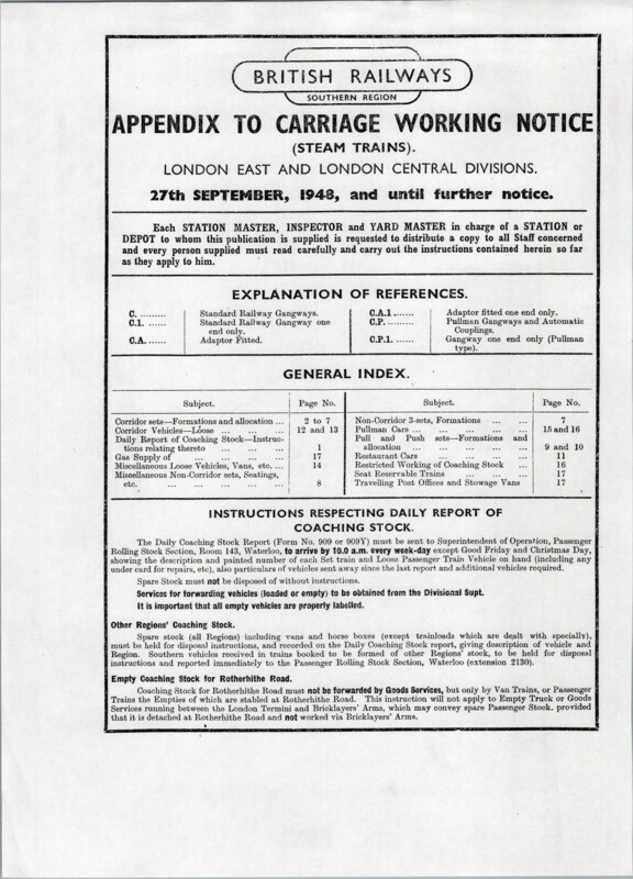 Southern Appendix to the Carriage Working Notice, Eastern and Central Sections, September 1948. 18 pages. [CA01194809000]