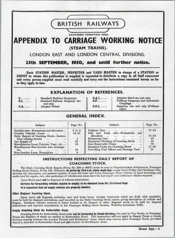 Southern Appendix to the Carriage Working Notice, Eastern and Central Sections, September 1950. 22 pages. [CA01195009000]