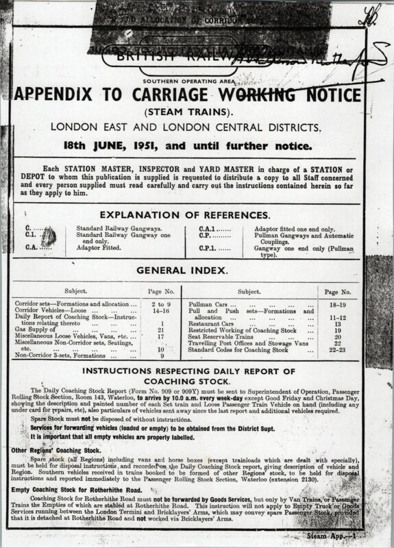 Southern Appendix to the Carriage Working Notice, Eastern and Central Sections, June 1951. 23 pages. [CA01195106000]