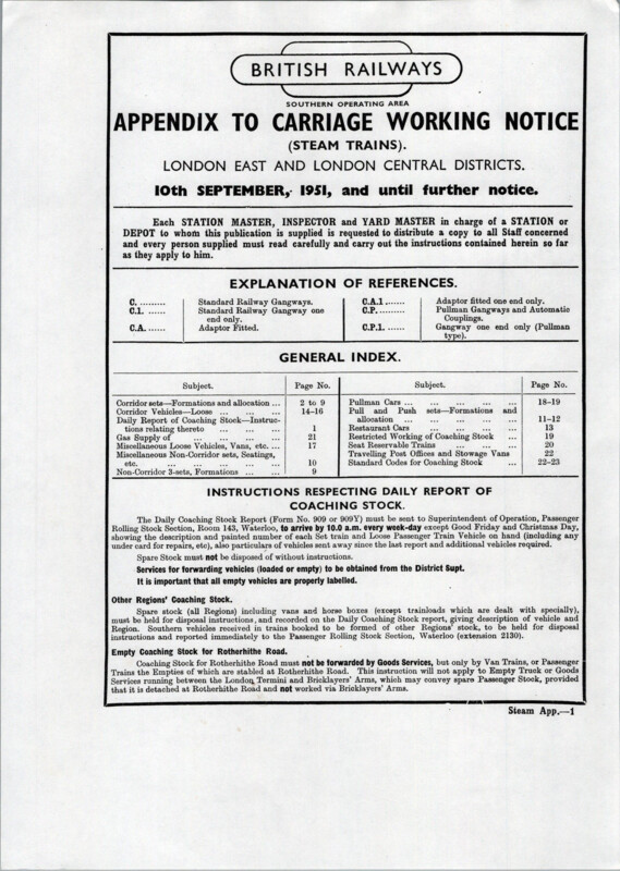 Southern Appendix to the Carriage Working Notice, Eastern and Central Sections, September 1951. 23 pages. [CA01195109000]