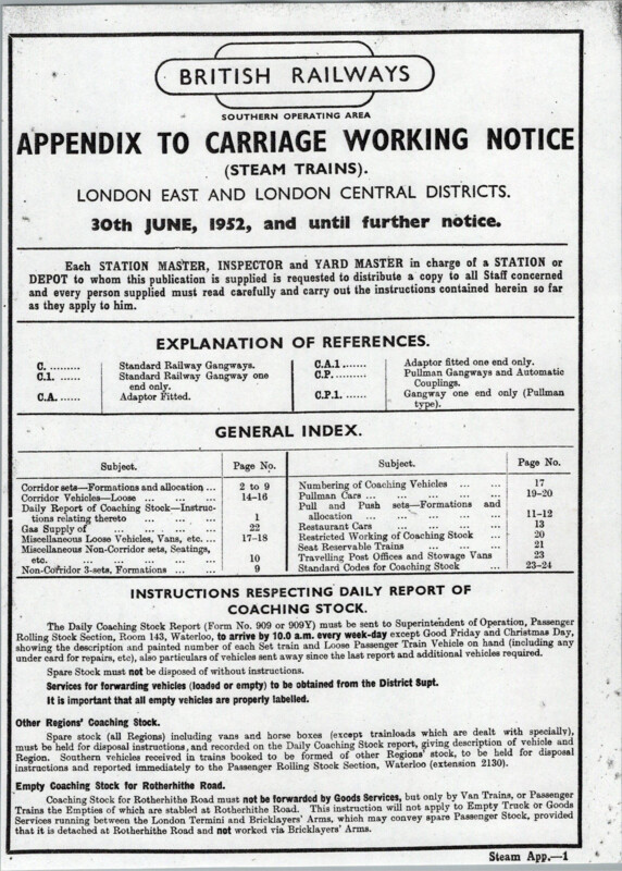 Southern Appendix to the Carriage Working Notice, Eastern and Central Sections, June 1952. 24 pages. [CA01195206000]