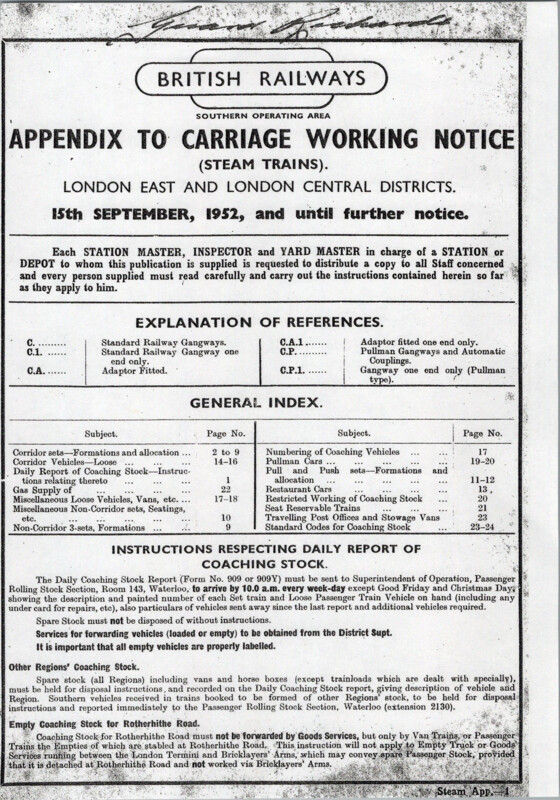 Southern Appendix to the Carriage Working Notice, Eastern and Central Sections, September 1952. 24 pages. [CA01195209000]