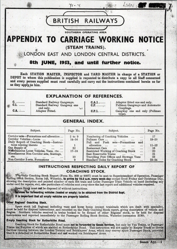 Southern Appendix to the Carriage Working Notice, Eastern and Central Sections, June 1953. 24 pages. [CA01195306000]