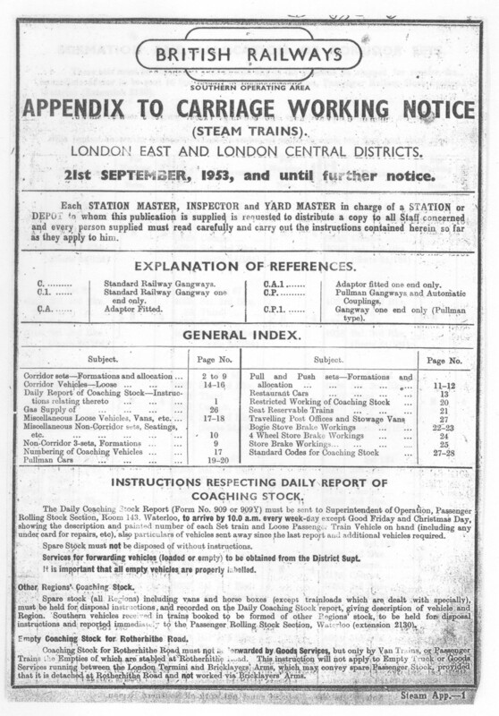 Southern Appendix to the Carriage Working Notice, Eastern and Central Sections, September 1953. 28 pages. [CA01195309000]