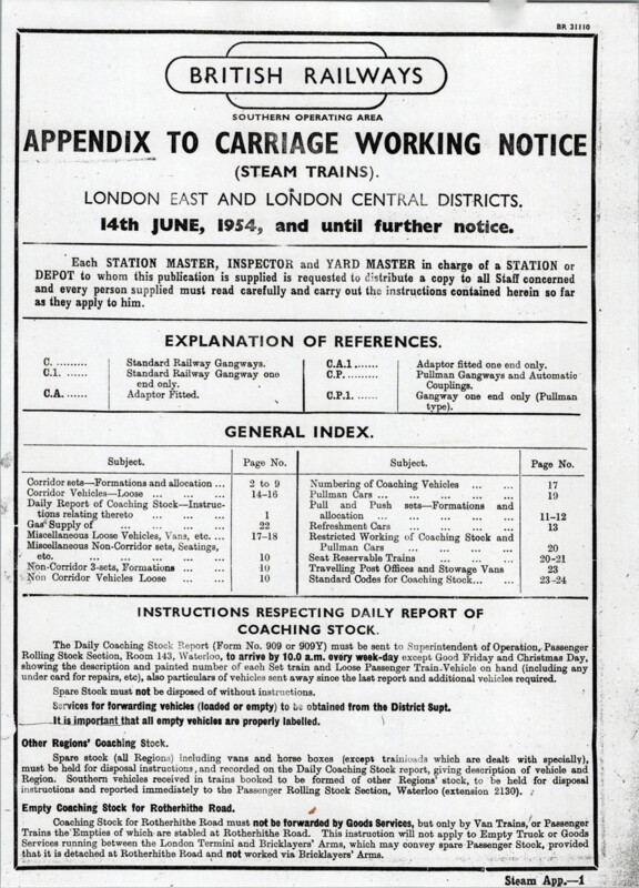 Southern Appendix to the Carriage Working Notice, Eastern and Central Sections, June 1954. 24 pages. [CA01195406000]