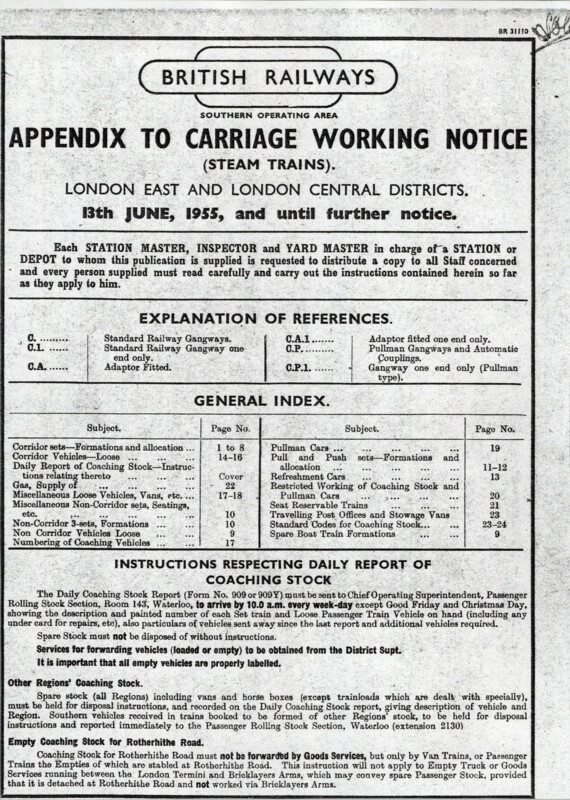 Southern Appendix to the Carriage Working Notice, Eastern and Central Sections, June 1955. 25 pages. [CA01195506000]