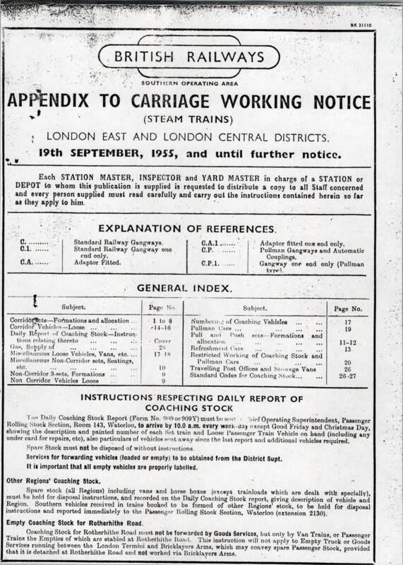 Southern Appendix to the Carriage Working Notice, Eastern and Central Sections, September 1955. 28 pages. [CA01195509000]