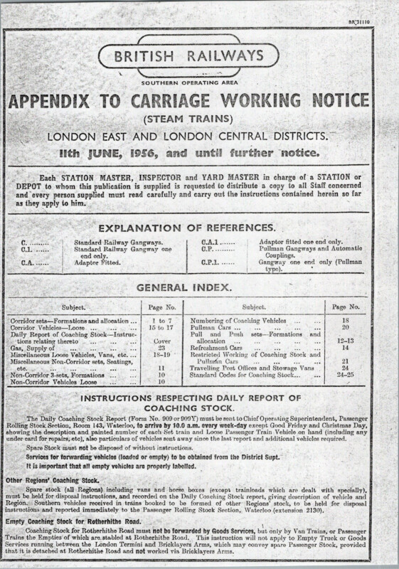 Southern Appendix to the Carriage Working Notice, Eastern and Central Sections, June 1956. 26 pages. [CA01195606000]