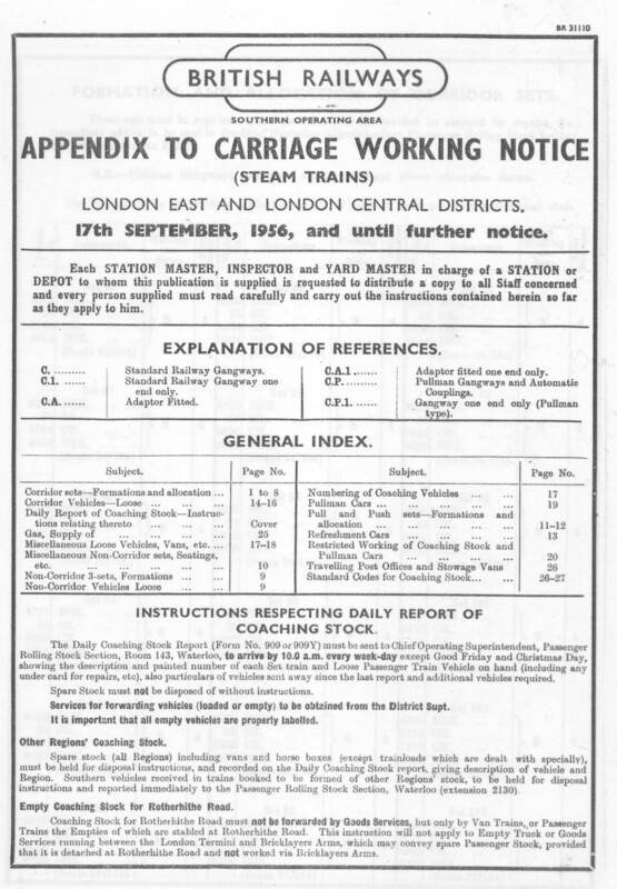 Southern Appendix to the Carriage Working Notice, Eastern and Central Sections, September 1956. 28 pages. [CA01195609000]