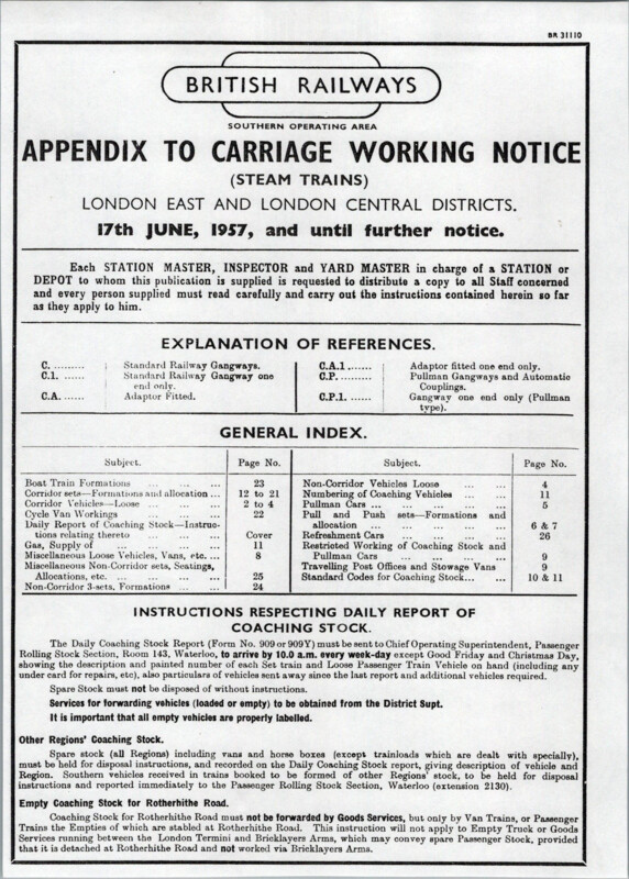 Southern Appendix to the Carriage Working Notice, Eastern and Central Sections, June 1957. 27 pages. [CA01195706000]