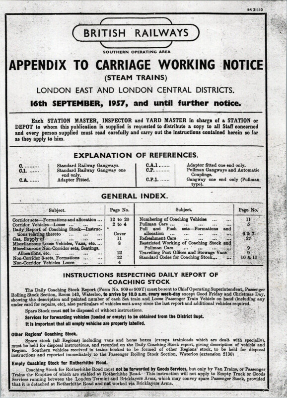Southern Appendix to the Carriage Working Notice, Eastern and Central Sections, September 1957. 28 pages. [CA01195709000]