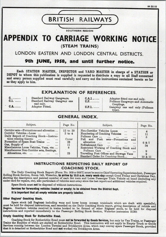 Southern Appendix to the Carriage Working Notice, Eastern and Central Sections, June 1958. 25 pages. [CA01195806000]