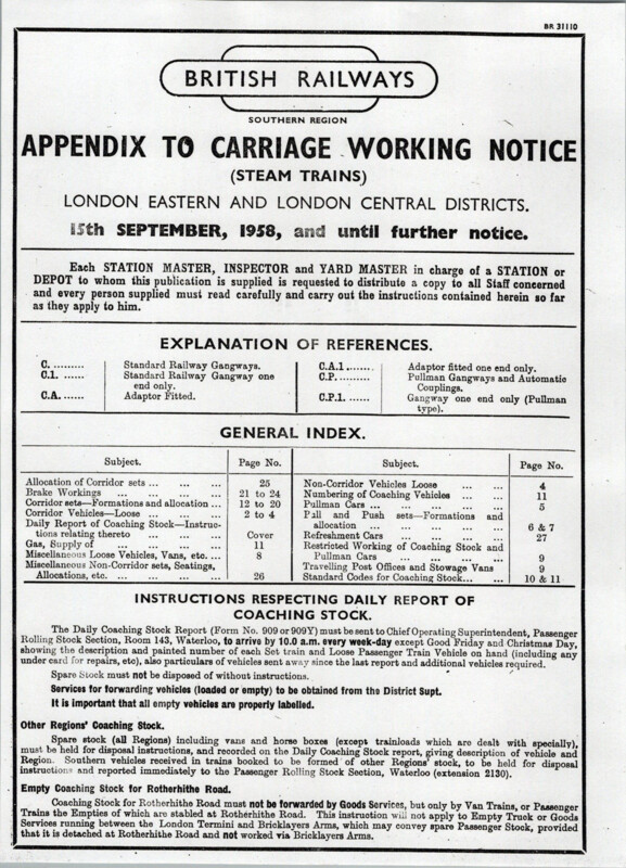 Southern Appendix to the Carriage Working Notice, Eastern and Central Sections, September 1958. 27 pages. [CA01195809000]