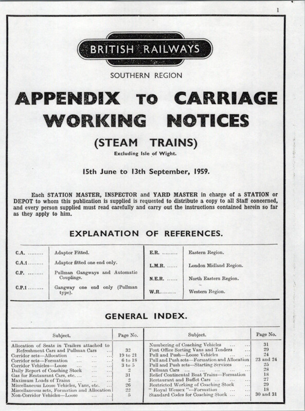 Southern Appendix to the Carriage Working Notice, SR Region, June 1959. 32 pages. [CA02195906000]