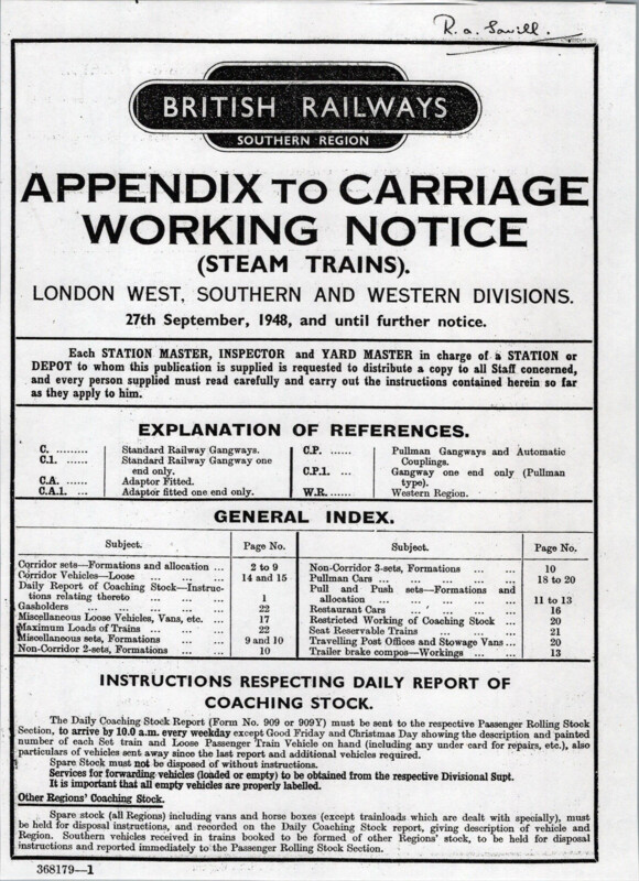 Southern Appendix to the Carriage Working Notice, Western Section, September 1948. 22 pages. [CA03194809000]