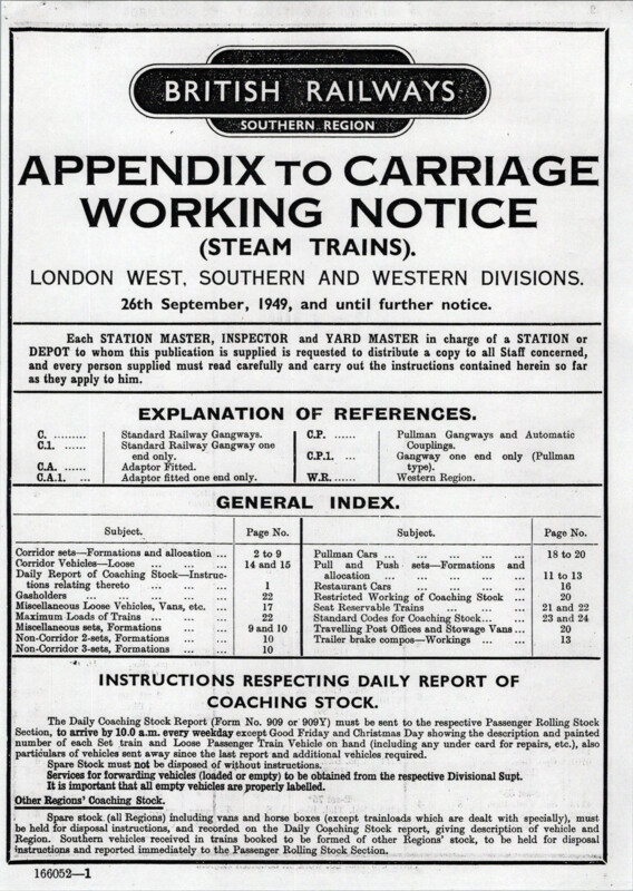 Southern Appendix to the Carriage Working Notice, Western Section, September 1949. 24 pages. [CA03194909000]