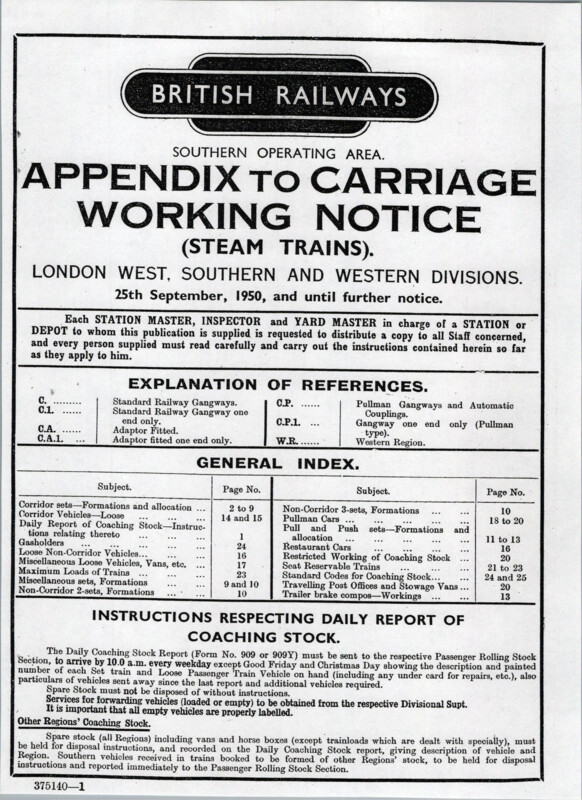 Southern Appendix to the Carriage Working Notice, Western Section, September 1950. 25 pages. [CA03195009000]