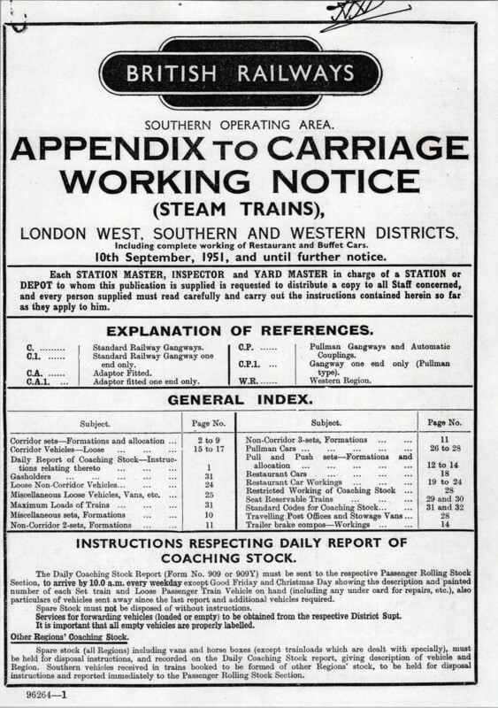 Southern Appendix to the Carriage Working Notice, Western Section, September 1951. 32 pages. [CA03195109000]