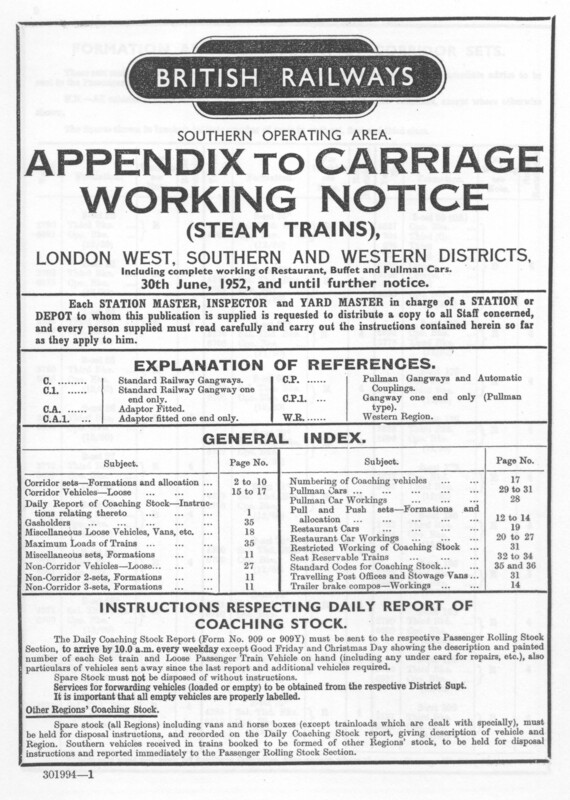 Southern Appendix to the Carriage Working Notice, Western Section, June 1952. 36 pages. [CA03195206000]