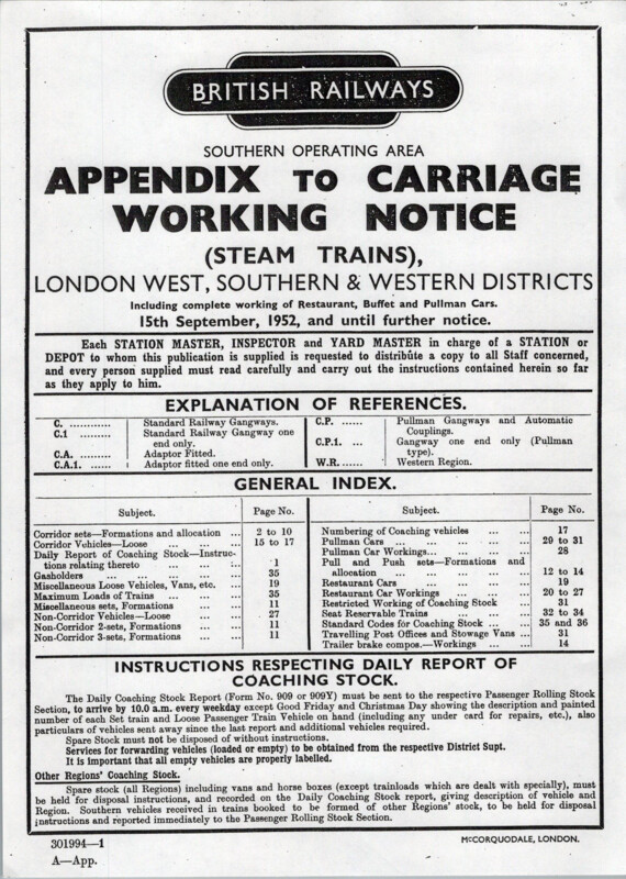 Southern Appendix to the Carriage Working Notice, Western Section, September 1952. 33 pages. [CA03195209000]