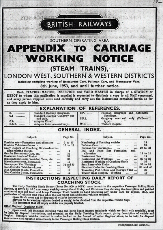 Southern Appendix to the Carriage Working Notice, Western Section, June 1953. 40 pages. [CA03195306000]