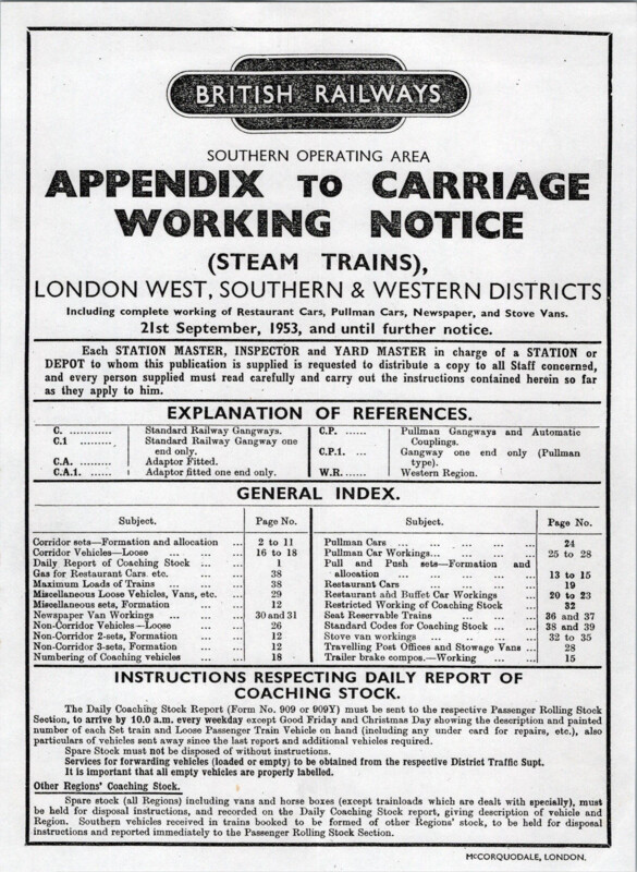 Southern Appendix to the Carriage Working Notice, Western Section, September 1953. 39 pages. [CA03195309000]