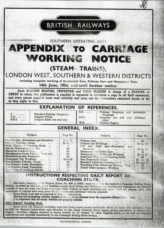 Southern Appendix to the Carriage Working Notice, Western Section, June 1954. 41 pages. [CA03195406000]