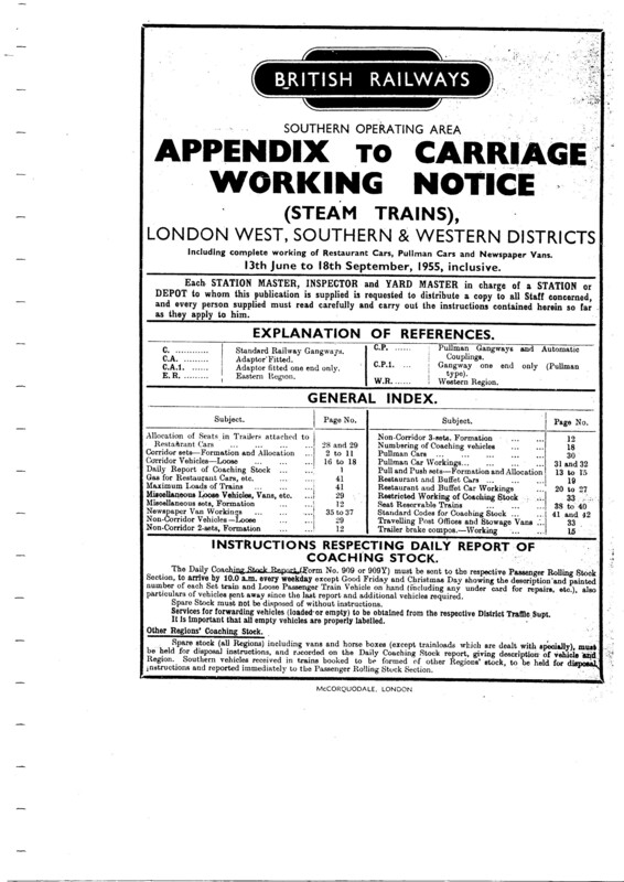 Southern Appendix to the Carriage Working Notice, Western Section, June 1955. 43 pages. [CA03195506000]