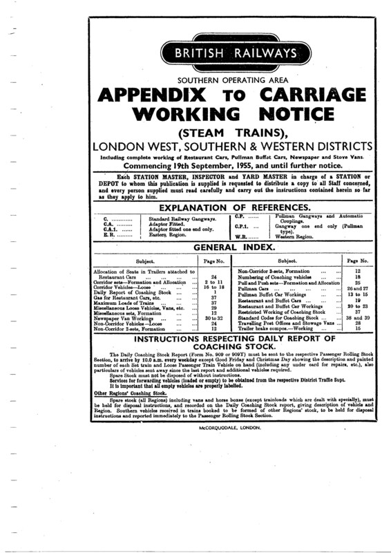 Southern Appendix to the Carriage Working Notice, Western Section, September 1955. 39 pages. [CA03195509000]