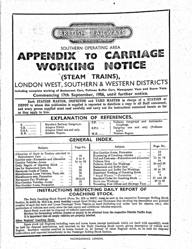Southern Appendix to the Carriage Working Notice, Western Section, September 1956. 38 pages. [CA03195609000]