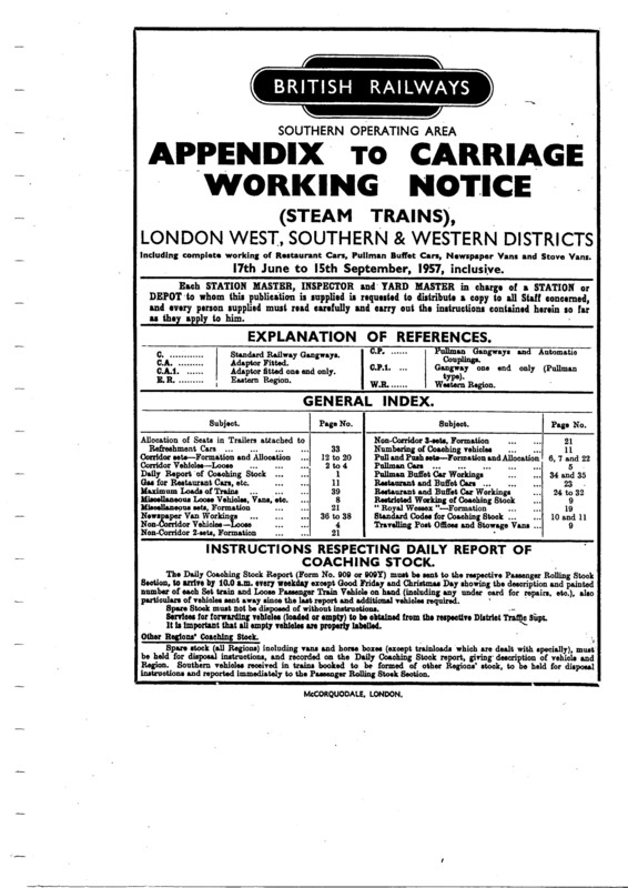 Southern Appendix to the Carriage Working Notice, Western Section, June 1957. 39 pages. [CA03195706000]