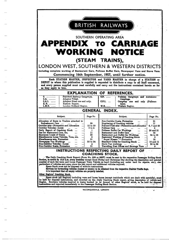 Southern Appendix to the Carriage Working Notice, Western Section, September 1957. 39 pages. [CA03195709000]