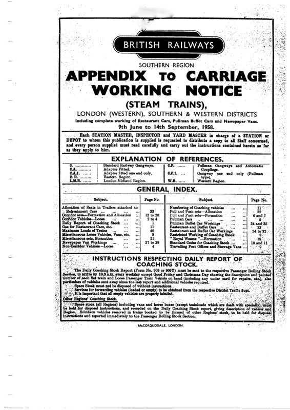 Southern Appendix to the Carriage Working Notice, Western Section, June 1958. 40 pages. [CA03195806000]