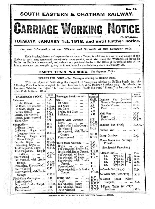 Southern Platform and Carriage Workings, SECR CWNs, 01 January 1918. 133 pages. [CP03191801010]