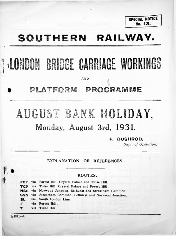 Southern Platform and Carriage Workings, London Bridge, 03 August 1931. 16 pages. [CP06193108030]