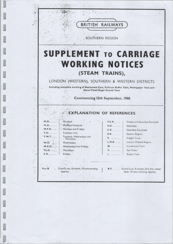 Southern Appendix to the Carriage Working Notice, Supplements, 12 September 1960. 18 pages. [CW02196009120]