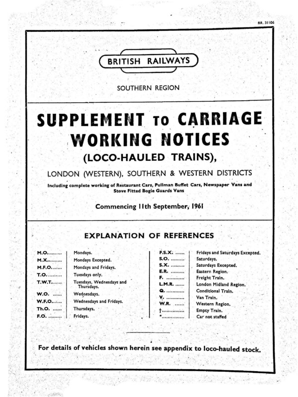 Southern Appendix to the Carriage Working Notice, Supplements, 11 September 1961. 17 pages. [CW02196109110]