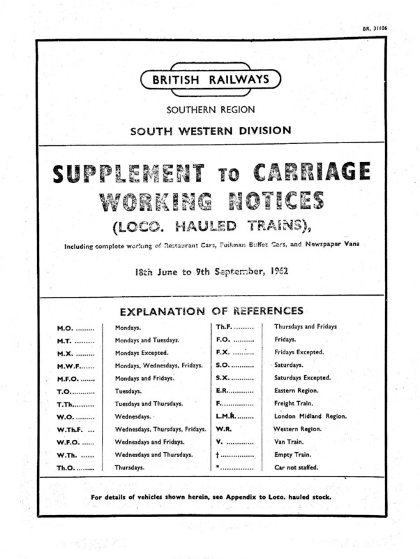 Southern Appendix to the Carriage Working Notice, Supplements, 18 June 1962. 14 pages. [CW02196206180]