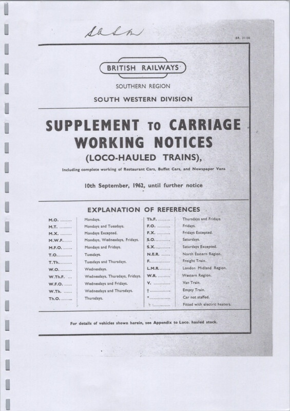 Southern Appendix to the Carriage Working Notice, Supplements, 10 September 1962. 12 pages. [CW02196209100]