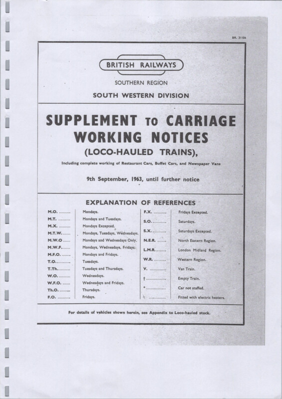 Southern Appendix to the Carriage Working Notice, Supplements, 09 September 1963. 10 pages. [CW02196309090]