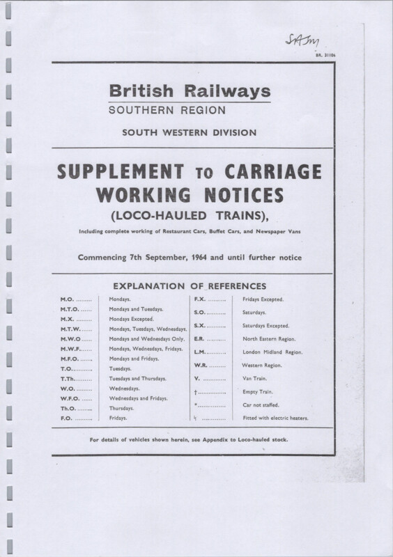 Southern Appendix to the Carriage Working Notice, Supplements, 07 September 1964. 8 pages. [CW02196409070]