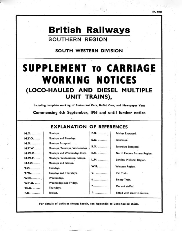 Southern Appendix to the Carriage Working Notice, Supplements, 06 September 1965. 15 pages. [CW02196509060]