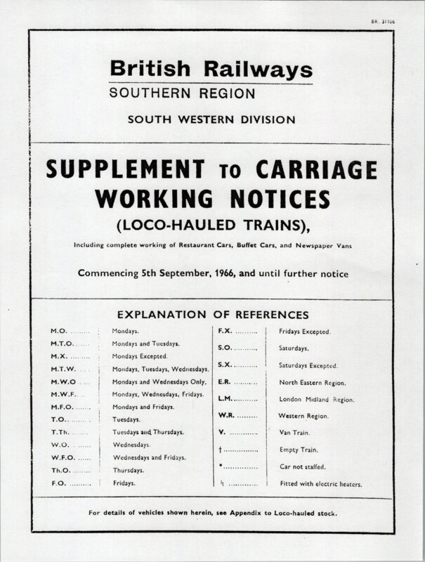 Southern Appendix to the Carriage Working Notice, Supplements, 05 September 1966. 10 pages. [CW02196609050]