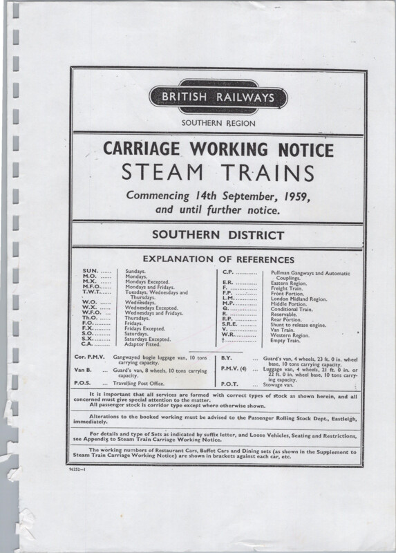 Southern Appendix to the Carriage Working Notice, Southern District, 14 September 1959. 75 pages. [CW05195909140]