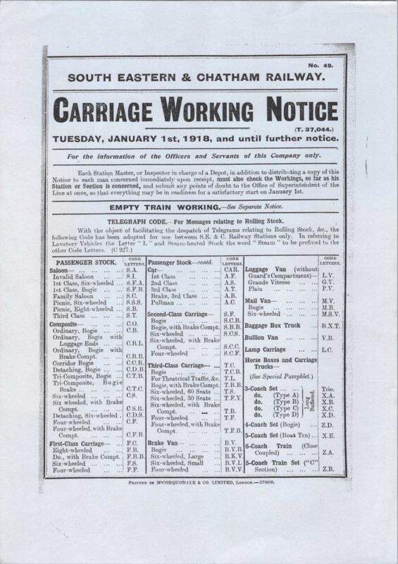 Southern Appendix to the Carriage Working Notice, SECR, 01 January 1918. 133 pages. [CW06191801010]