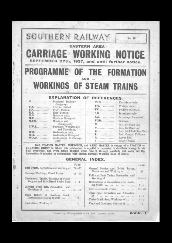 Southern Appendix to the Carriage Working Notice, Eastern Section, 25 September 1937. 76 pages. [CW07193709250]