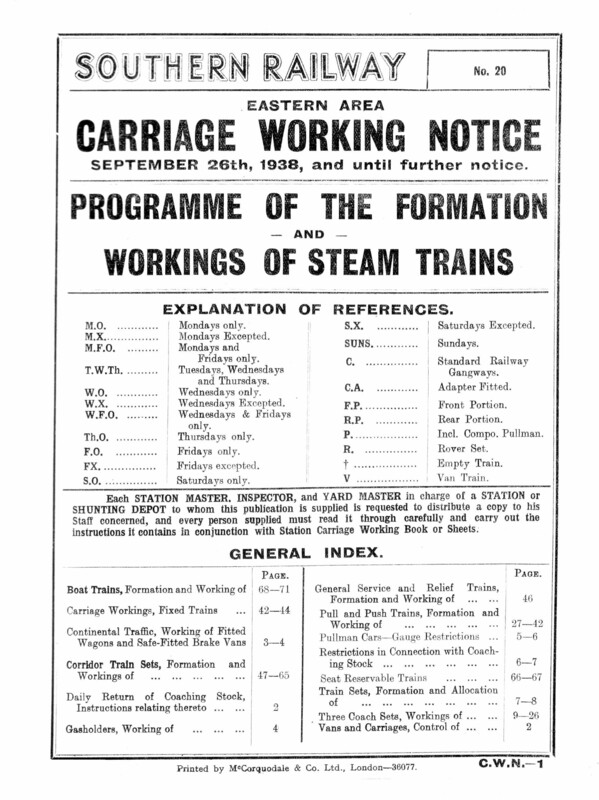 Southern Appendix to the Carriage Working Notice, Eastern Section, 26 September 1938. 71 pages. [CW07193809260]