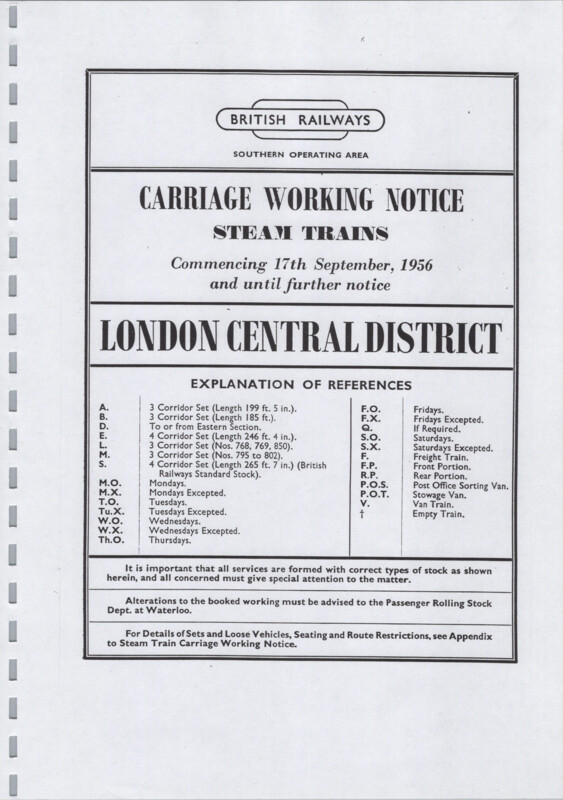 Southern Appendix to the Carriage Working Notice, Central Section, 17 September 1956. 75 pages. [CW08195609170]