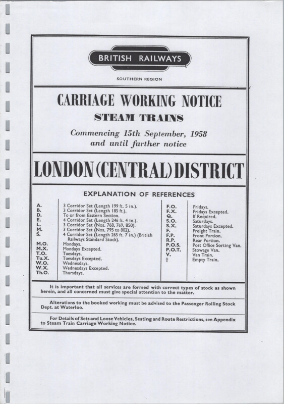 Southern Appendix to the Carriage Working Notice, Central Section, 15 September 1958. 75 pages. [CW08195809150]
